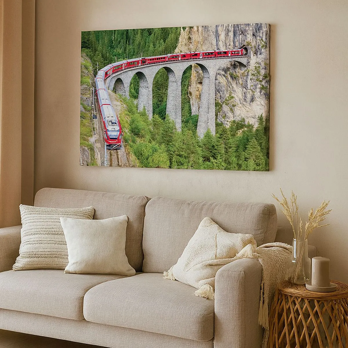 Canvastavla - Bild på duk - Ett tåg på en pittoresk viadukt i ett bergigt landskap - 70x50cm - Dags för fjällutsikter - Modern väggdekoration för vardagsrum och sovrum ARTTOR
