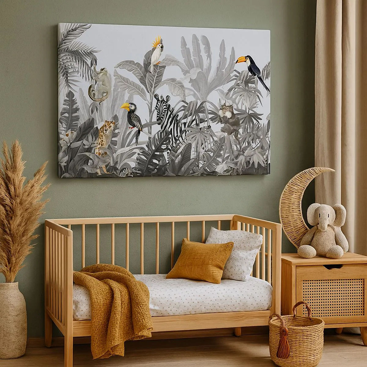 Lærredstryk - Billede på lærred - Tropisk jungle med eksotiske dyr på en grå baggrund - 70x50cm - En afrikansk fabel - Moderne vægdekoration til stue og soveværelse ARTTOR