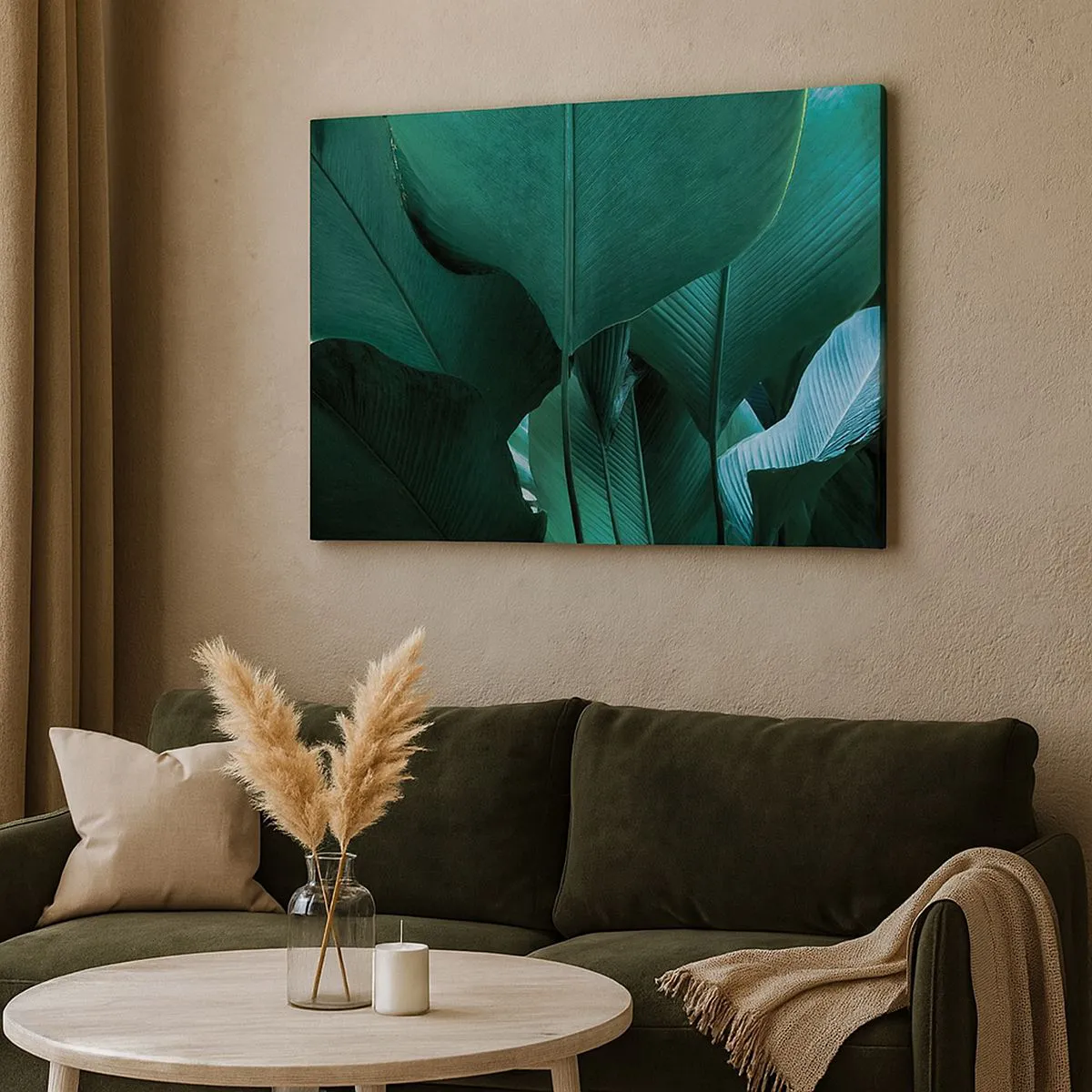 Canvastavla - Bild på duk - Gröna blad i en minimalistisk komposition - 70x50cm - Vända mot ljuset - Modern väggdekoration för vardagsrum och sovrum ARTTOR