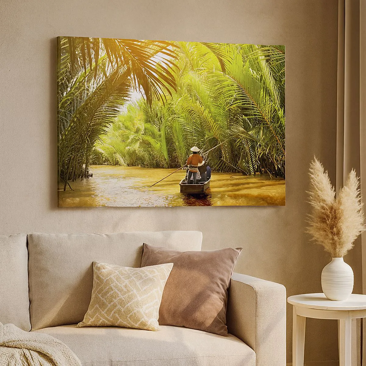 Tablou pe pânză Canvas - O barcă pe un râu înconjurată de vegetație tropicală - 70x50cm - Prin cheile din palmieri - Decorațiune modernă pentru perete pentru living și dormitor ARTTOR