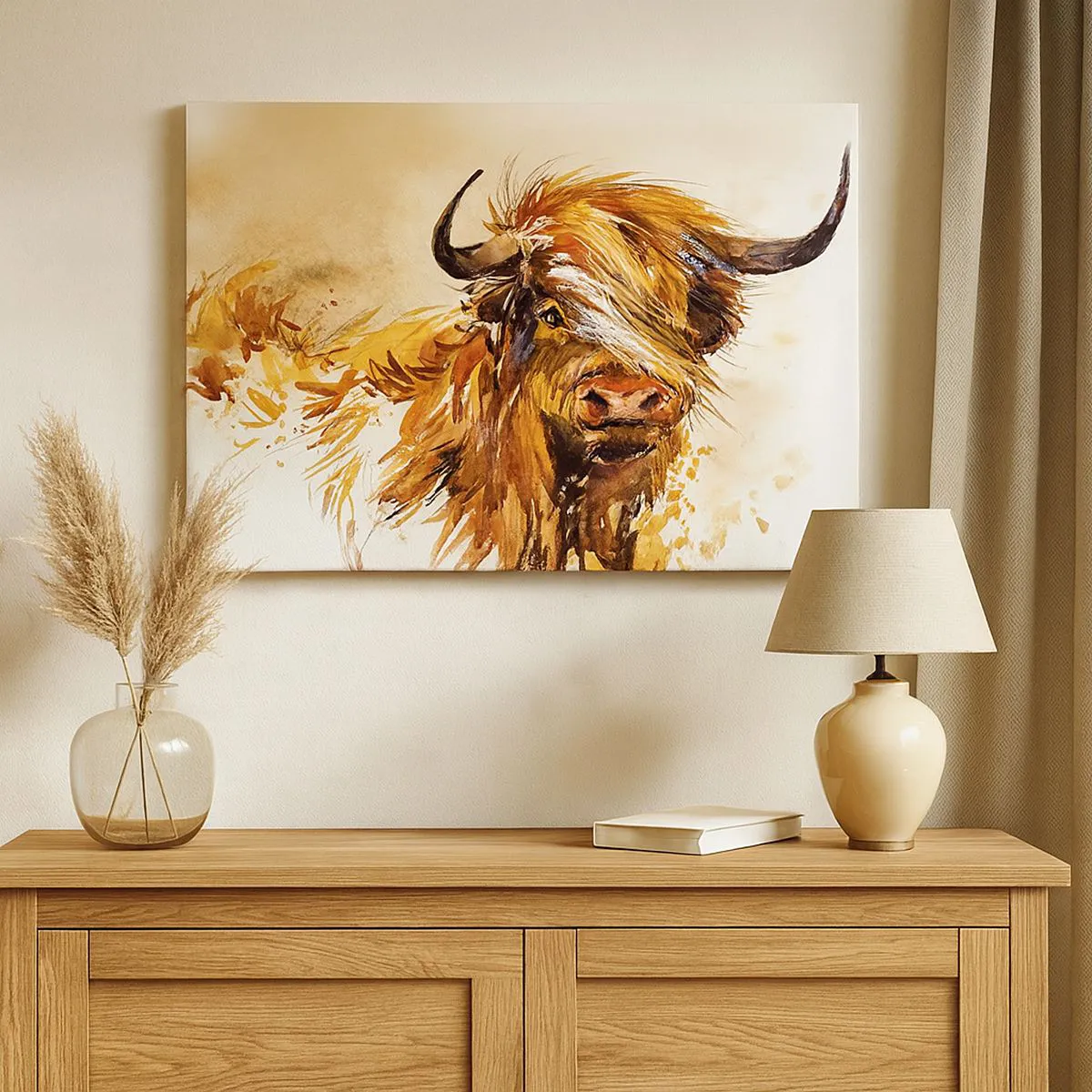 Cuadro sobre lienzo - Impresión de Imagen - Retrato de un toro en estilo artístico de acuarela. - 100x70cm - El orgullo del líder - Decoración de pared moderna para salón y dormitorio ARTTOR