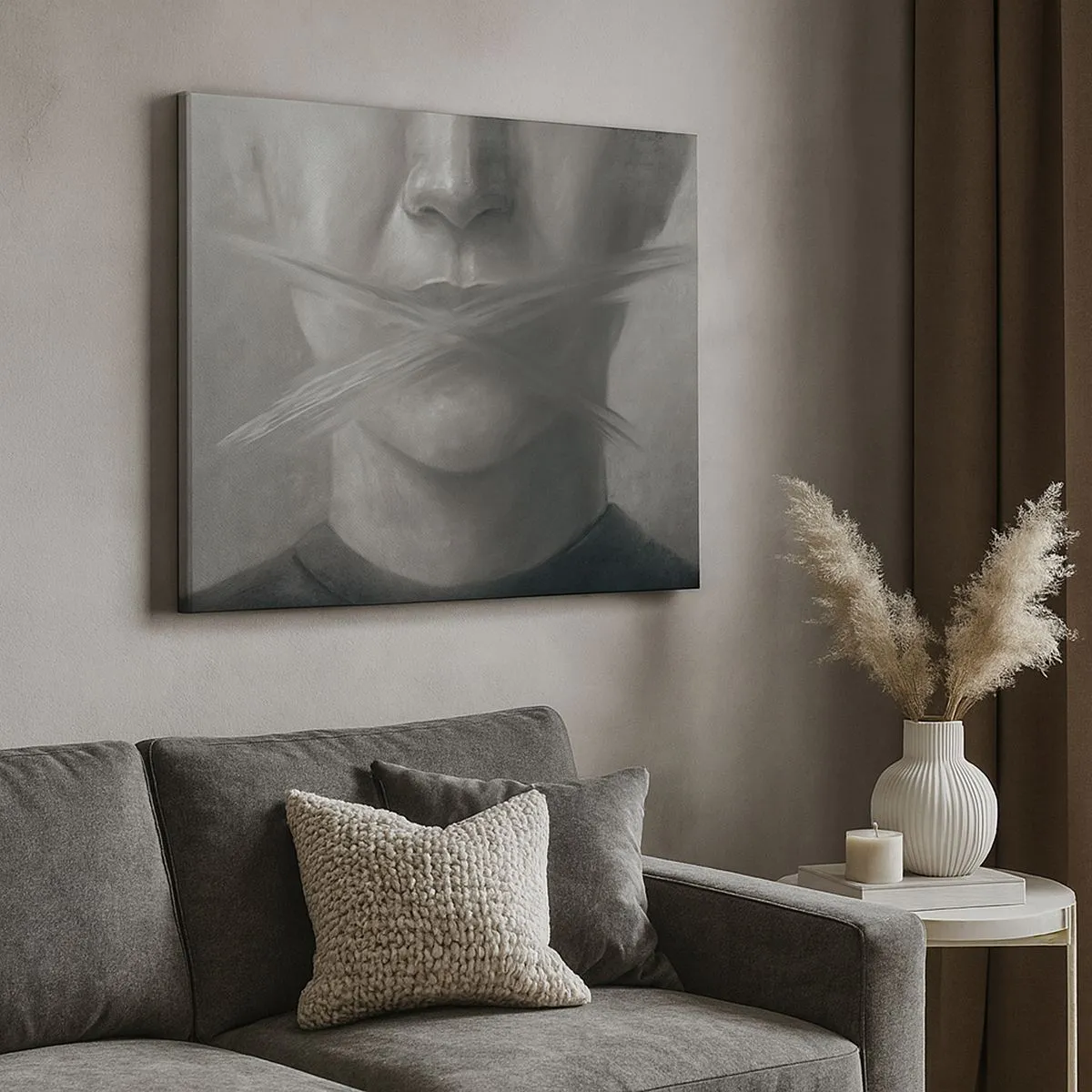 Impression sur toile - Image sur toile - Un portrait symbolique aux lèvres floues dans des tons gris. - 70x50cm - Sans mot - Décoration murale moderne pour le salon et la chambre ARTTOR