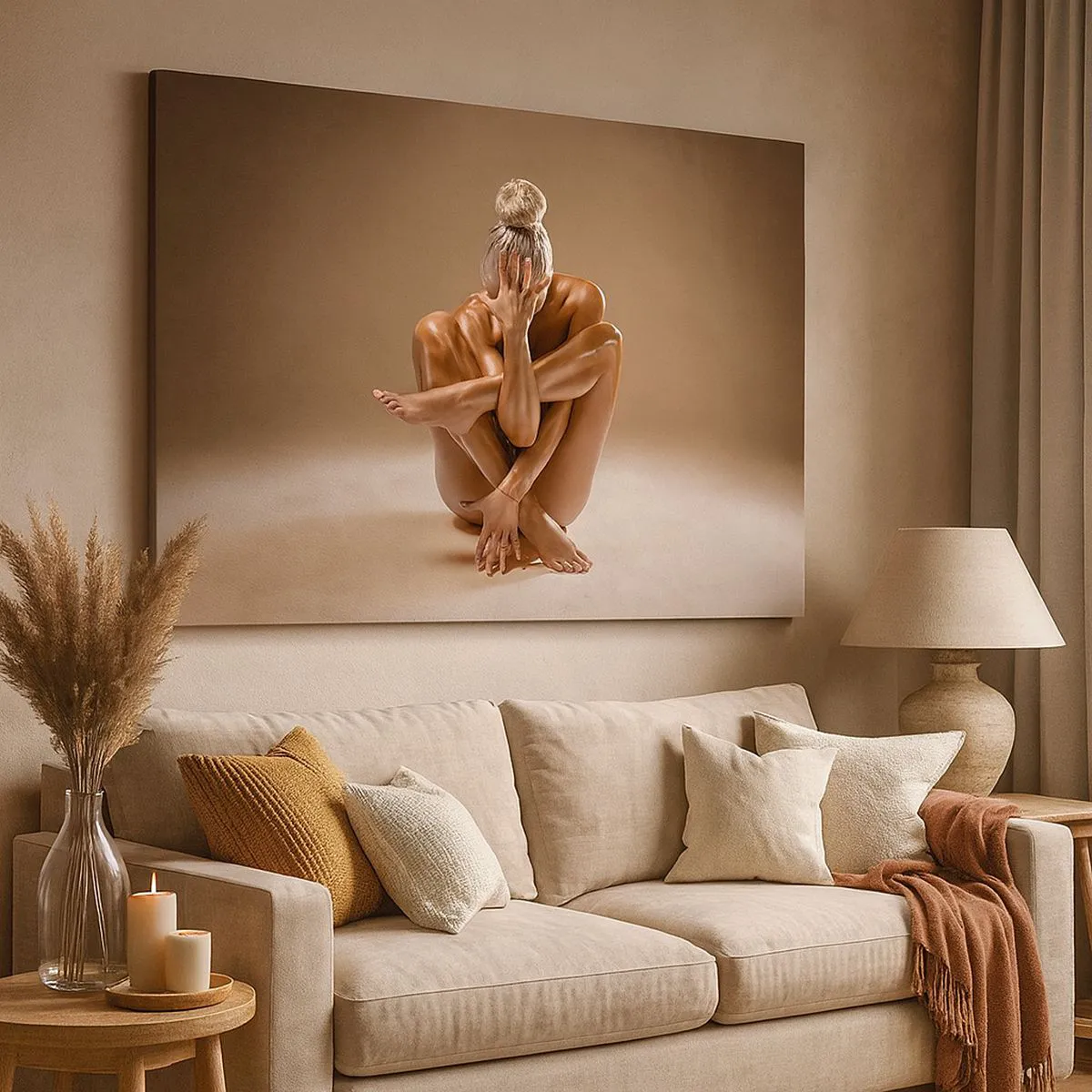 Quadro em tela - Silhueta artística de uma mulher em um fundo bege - 70x50cm - Unidade de corpo e alma - Decoração de parede moderna para a sala de estar e quarto ARTTOR