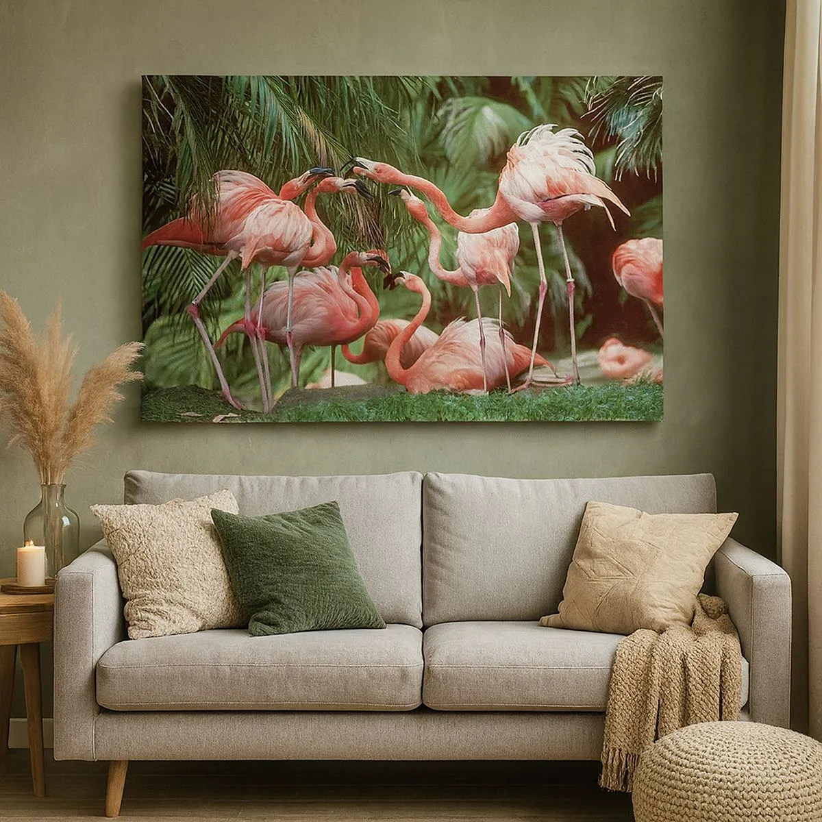 Impression sur toile - Image sur toile - Un groupe de flamants roses dans un cadre tropical entouré de palmiers - 70x50cm - Potins d'après-midi - Décoration murale moderne pour le salon et la chambre ARTTOR