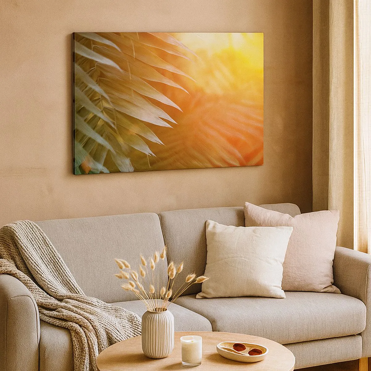 Obraz na plátně - Palmové listy v paprscích západu slunce - 70x50cm - Ráno v džungli - Moderní nástěnná dekorace do obývacího pokoje a ložnice ARTTOR