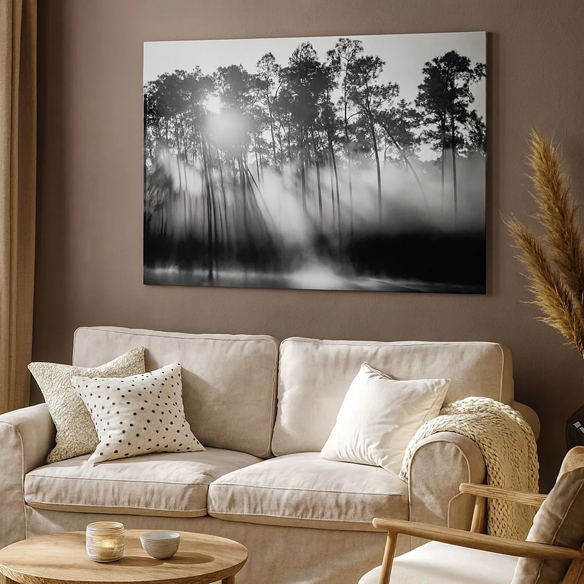 Lærredstryk - Billede på lærred - Sort og hvid skov i morgentågen - 70x50cm - Ustoppelig sol - Moderne vægdekoration til stue og soveværelse ARTTOR