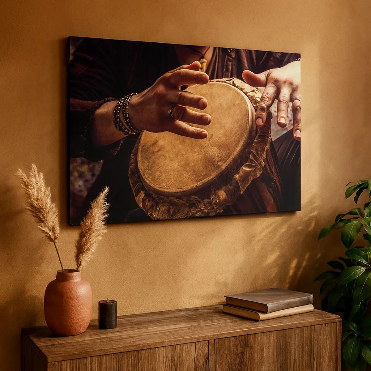 Obraz na plátně - Ruce hrající na tradiční buben djembe - 70x50cm - V rytmu srdce - Moderní nástěnná dekorace do obývacího pokoje a ložnice ARTTOR