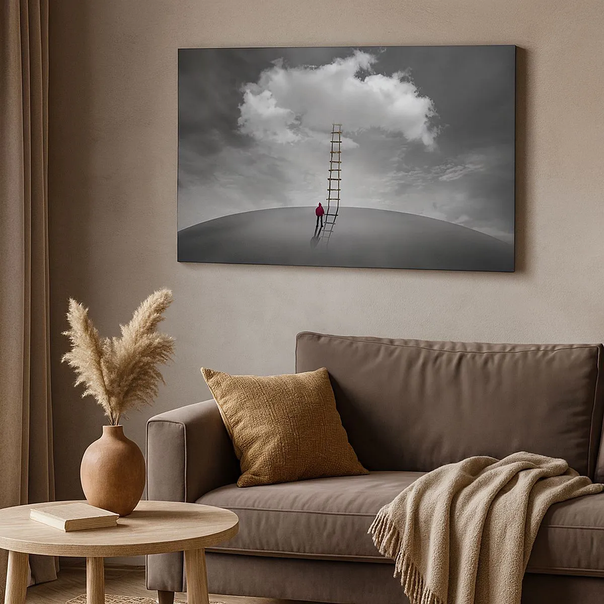 Schilderen op canvas - Een persoon in een rode jas en een ladder die naar een wolk leidt - 70x50cm - Alles is mogelijk - Moderne wanddecoratie voor woonkamer en slaapkamer ARTTOR