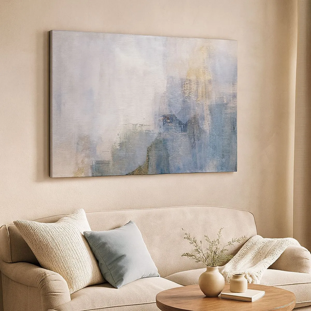 Vászonkép - Finom absztrakt foltok kék és bézs árnyalatokban - 70x50cm - Színtónusok és akkordok - Modern fali dekoráció nappalihoz és hálószobához ARTTOR