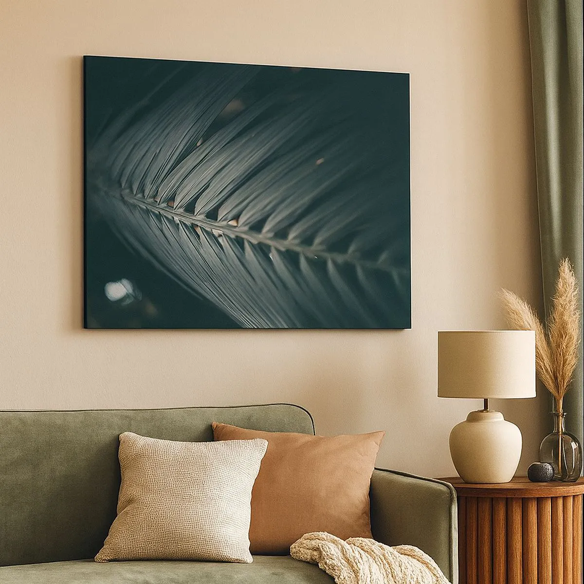 Vászonkép - Sötét tónusú pálmalevél részletének közeli képe - 70x50cm - A természet pontossága - Modern fali dekoráció nappalihoz és hálószobához ARTTOR