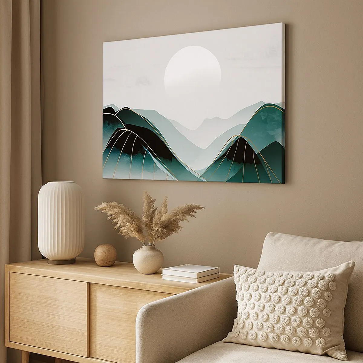 Lærredstryk - Billede på lærred - Abstrakt bjerglandskab med månen og gyldne linjer - 70x50cm - I fuld majestæt - Moderne vægdekoration til stue og soveværelse ARTTOR