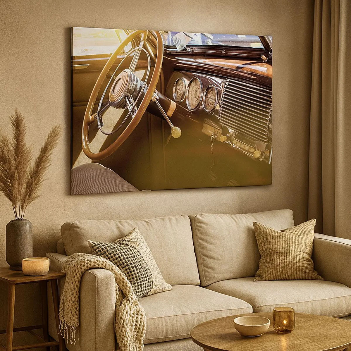 Quadro em tela - Close-up do interior de um carro clássico com detalhes em madeira e cromo. - 70x50cm - Um sopro de luxo do passado - Decoração de parede moderna para a sala de estar e quarto ARTTOR