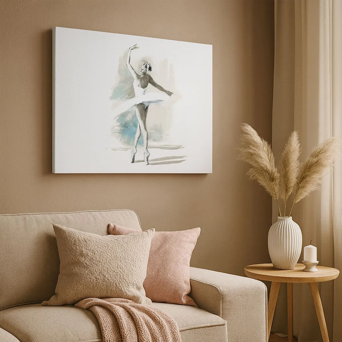 Lærredstryk - Billede på lærred - En balletdanser i balletpositur mod en baggrund af sarte akvareltoner. - 70x50cm - Fortryllet til en svane - Moderne vægdekoration til stue og soveværelse ARTTOR