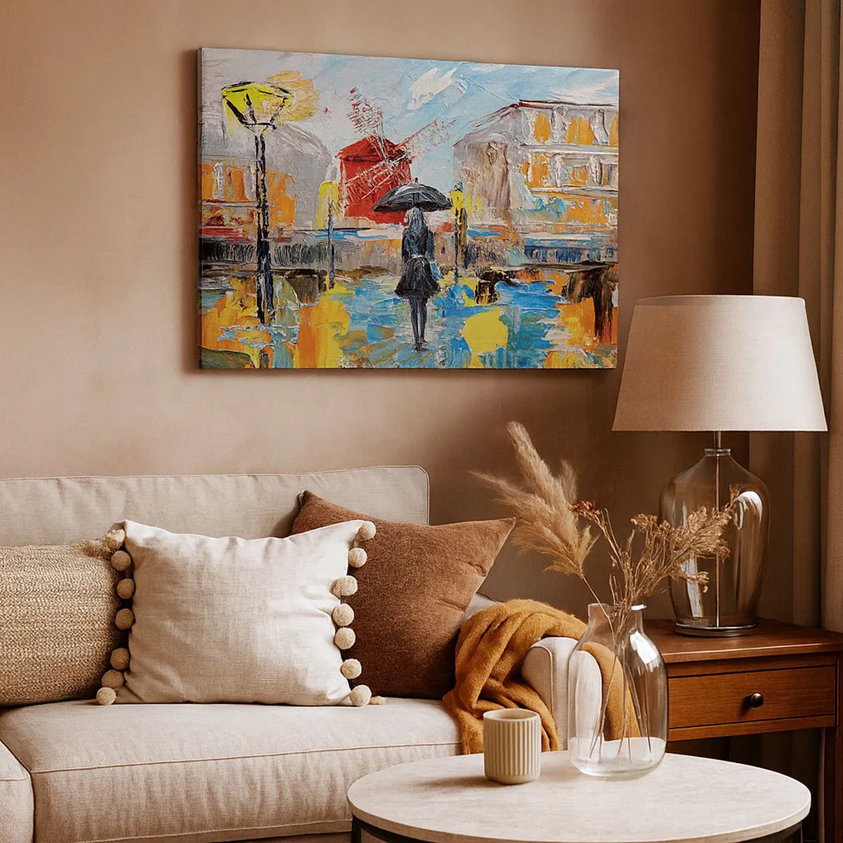 Tablou pe pânză Canvas - O scenă pitorească cu o umbrelă pe fundalul Parisului în culori vibrante. - 70x50cm - Legende pariziene - Decorațiune modernă pentru perete pentru living și dormitor ARTTOR