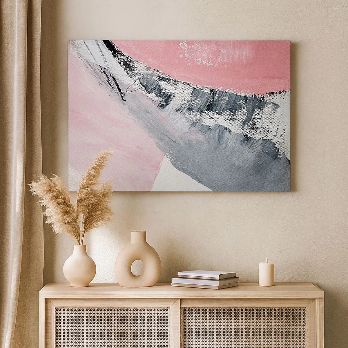 Lærredstryk - Billede på lærred - En abstrakt komposition i nuancer af lyserød og grå. - 70x50cm - Matchende sammensætning - Moderne vægdekoration til stue og soveværelse ARTTOR