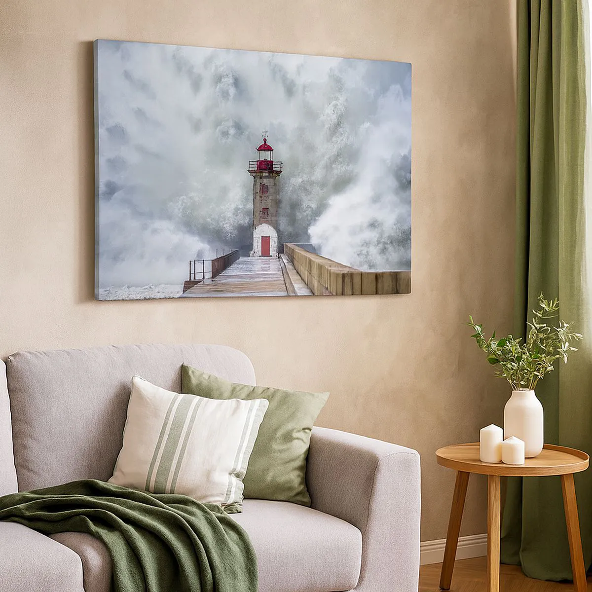 Quadro em tela - Um farol cercado por ondas fortes - 70x50cm - O rugido das águas, o som do vento - Decoração de parede moderna para a sala de estar e quarto ARTTOR
