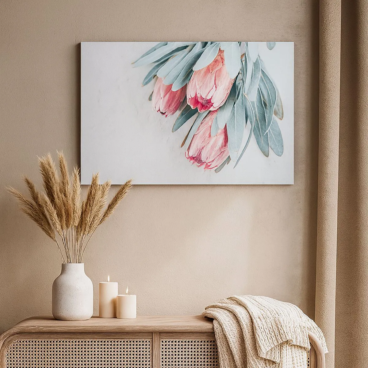 Quadro em tela - Flores de protea rosa suaves em um fundo claro - 70x50cm - Envergonhadas da sua própria beleza - Decoração de parede moderna para a sala de estar e quarto ARTTOR