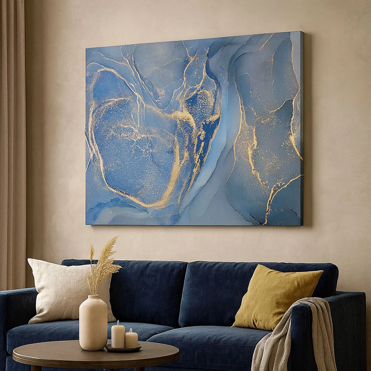 Obraz na plátně - Abstraktní modré vzory se zlatými akcenty - 70x50cm - Zlatý prach - Moderní nástěnná dekorace do obývacího pokoje a ložnice ARTTOR