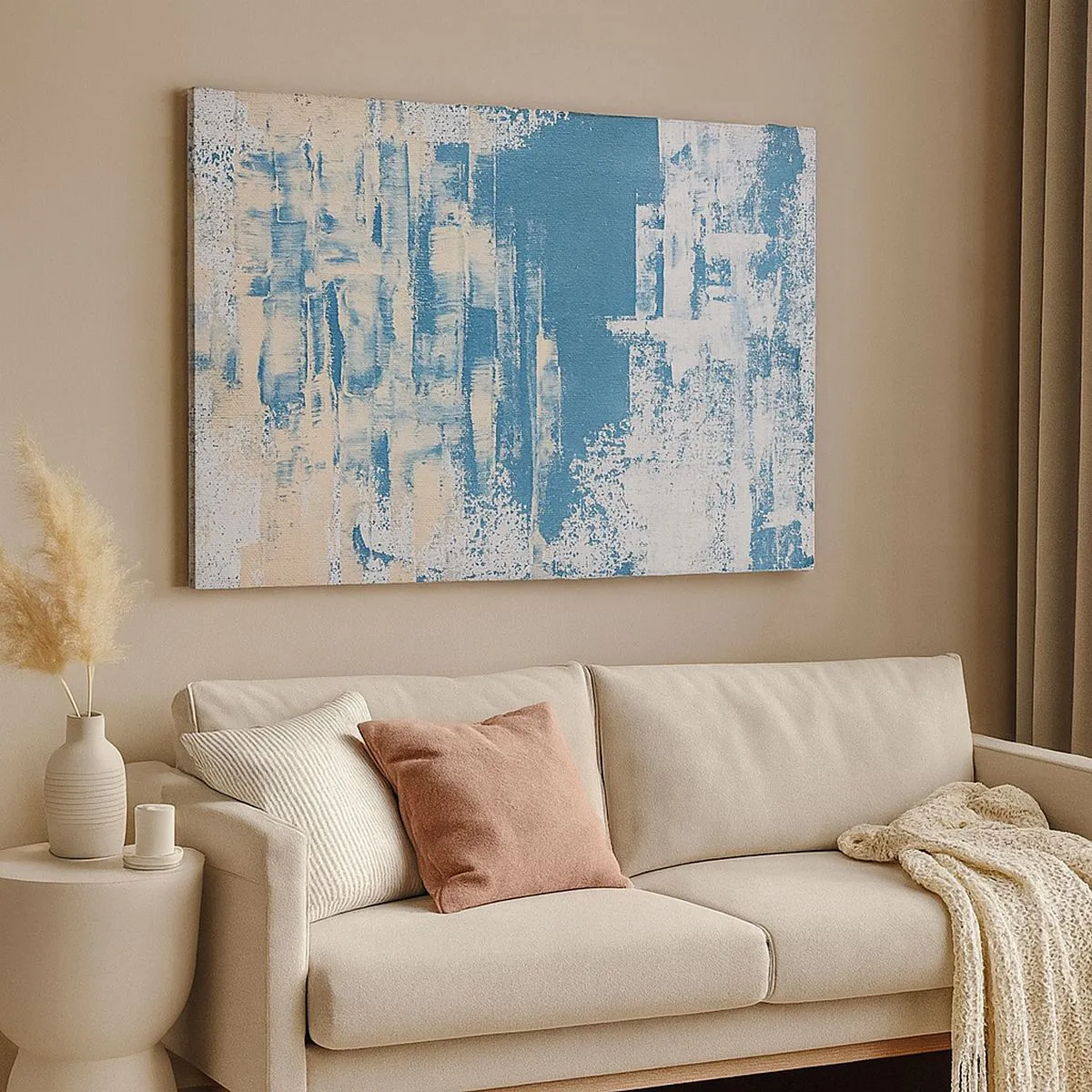 Lærredstryk - Billede på lærred - Abstrakt komposition i nuancer af blå og hvid - 70x50cm - Gennem istappen - Moderne vægdekoration til stue og soveværelse ARTTOR