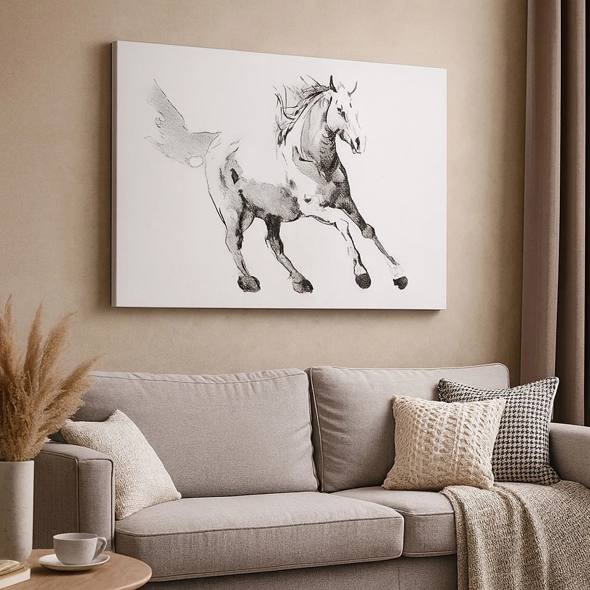 Impression sur toile - Image sur toile - Croquis d'un cheval au galop dans des tons de noir et blanc - 120x80cm - Âme indomptée - Décoration murale moderne pour le salon et la chambre ARTTOR