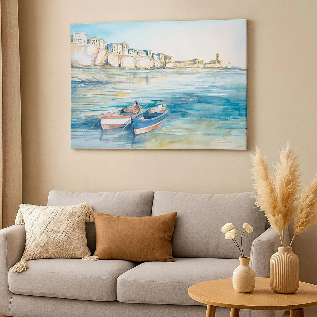 Obraz na plátne - Malebná prímorská krajina s loďkami na vode - 70x50cm - Krajina v modrej - Moderná nástenná dekorácia do obývacej izby a spálne ARTTOR