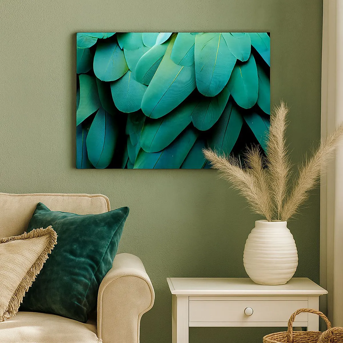 Quadro em tela - Detalhe de penas em tons de verde - 70x50cm - Precisão de papagaio - Decoração de parede moderna para a sala de estar e quarto ARTTOR