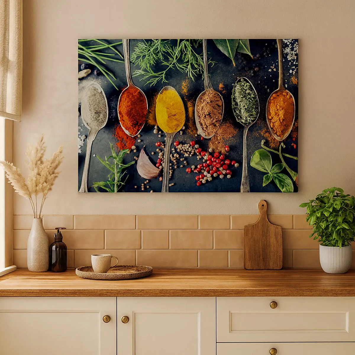 Obraz na plátne - Farebné korenie na lyžičkách s bylinkami v pozadí - 70x50cm - Kulinárska mágia - Moderná nástenná dekorácia do obývacej izby a spálne ARTTOR