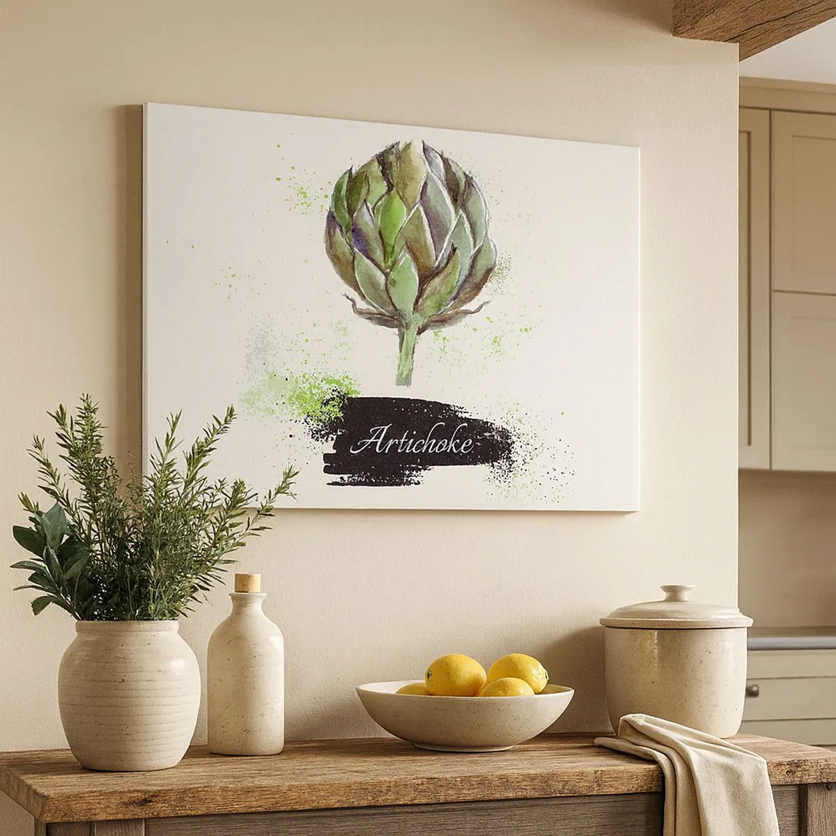 Tablou pe pânză Canvas - Anghinare în acuarelă cu text pe fundal deschis cu accente verzi - 70x50cm - Trăiască legumele! - Decorațiune modernă pentru perete pentru living și dormitor ARTTOR