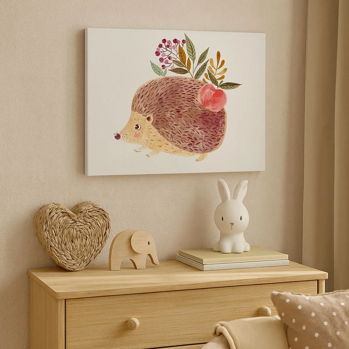 Quadro em tela - Um ouriço fofo com uma maçã e plantas em estilo ilustrativo - 70x50cm - Já gostas de mim - Decoração de parede moderna para a sala de estar e quarto ARTTOR