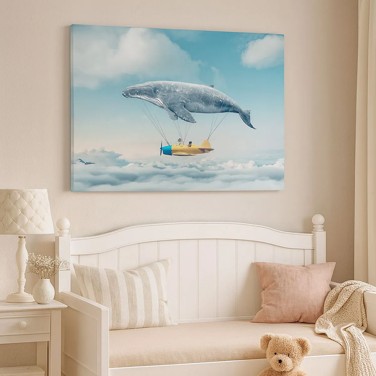 Obraz na płótnie - Latający wieloryb unoszący samolot w surrealistycznej scenerii - 70x50cm - Dlaczego nie? - Nowoczesna dekoracja ścienna do salonu i sypialni ARTTOR