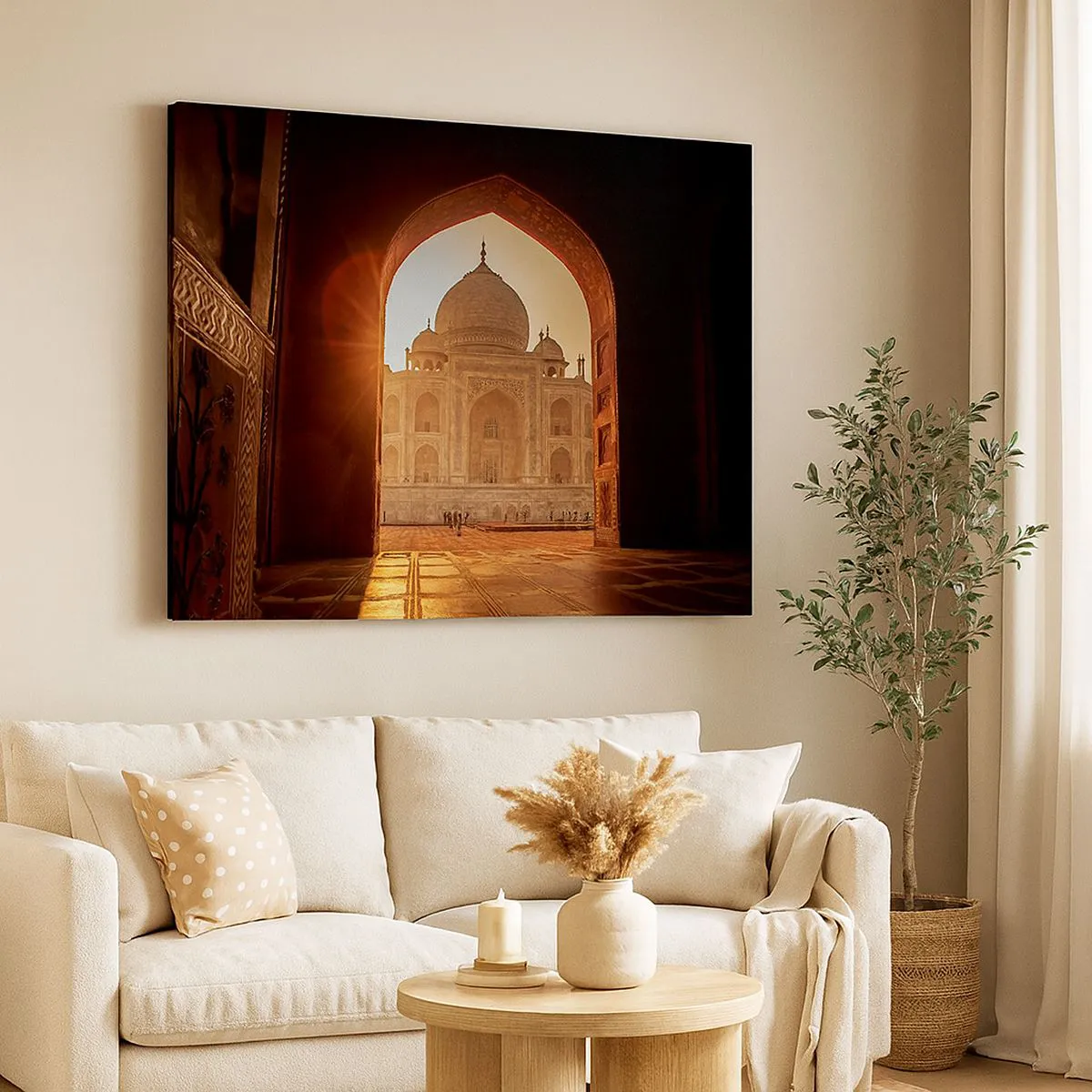 Canvastavla - Bild på duk - Taj Mahal i solljuset sett från portbågen - 70x50cm - Ett monument över överjordisk kärlek - Modern väggdekoration för vardagsrum och sovrum ARTTOR