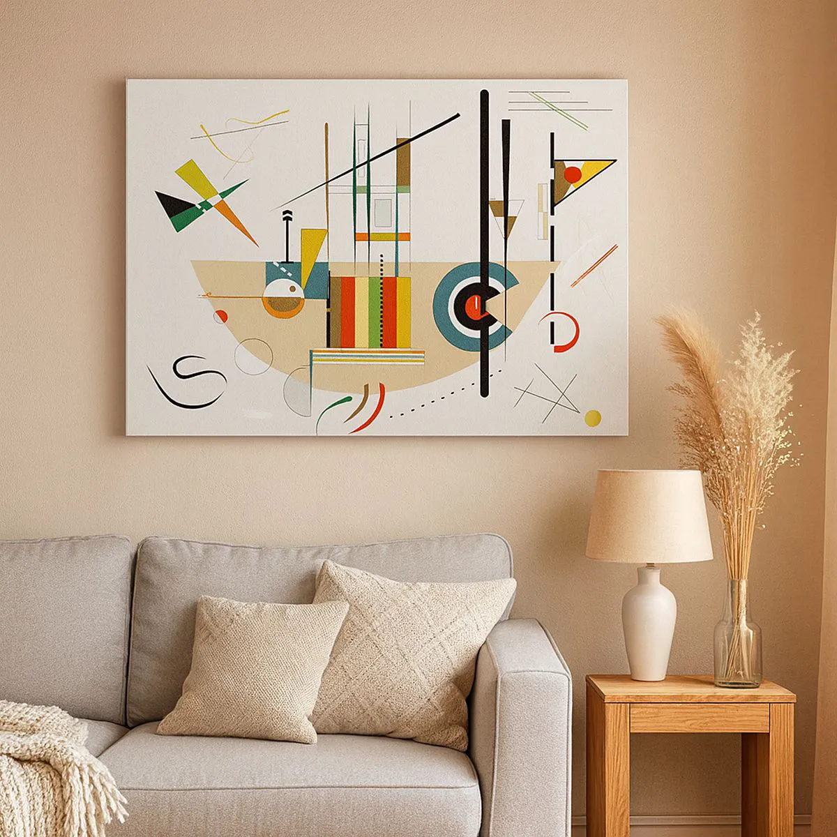 Cuadro sobre lienzo - Impresión de Imagen - Abstracción colorida con formas geométricas. - 120x80cm - Y el mundo ríe - Decoración de pared moderna para salón y dormitorio ARTTOR