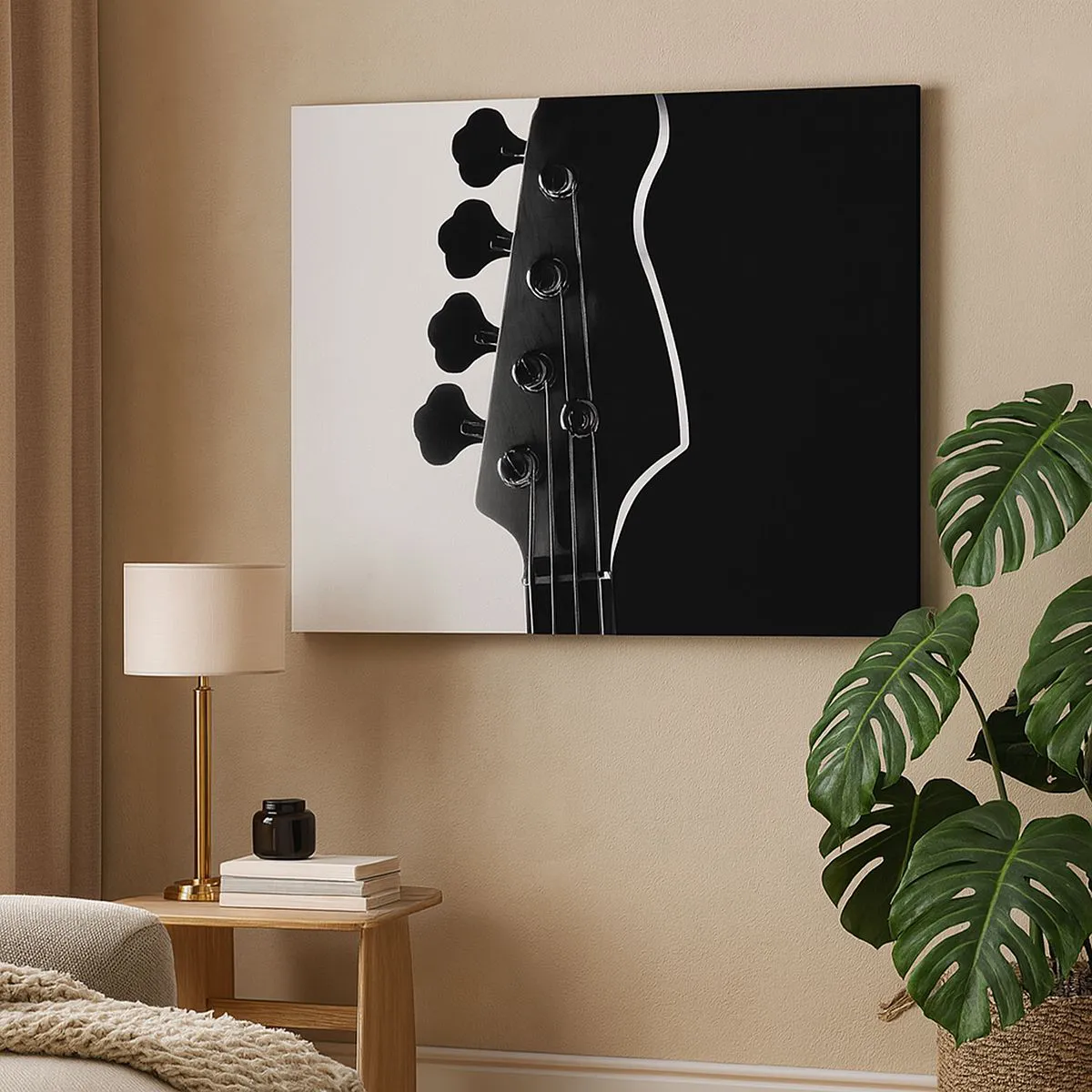 Tablou pe pânză Canvas - Siluetă alb-negru a unei chitare bas - 70x50cm - Tăcere de rock - Decorațiune modernă pentru perete pentru living și dormitor ARTTOR