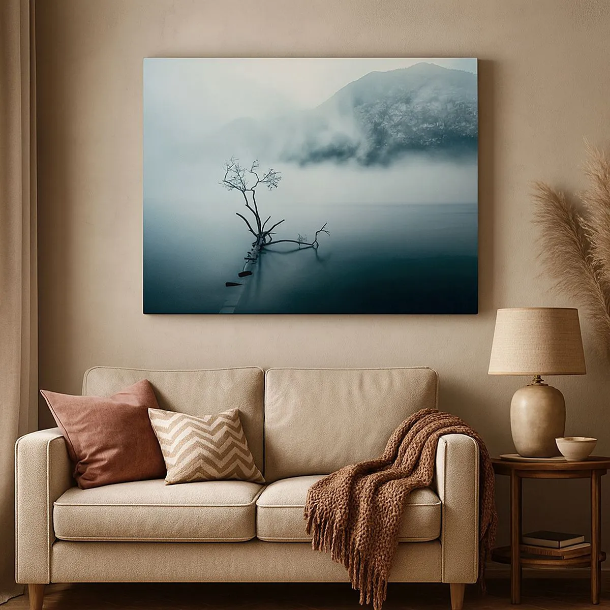 Canvas picture - A lonely tree in the water surrounded by fog and mountains - 70x50cm - From Water and Fog - Modern wall decoration for the living room and bedroom ARTTOR