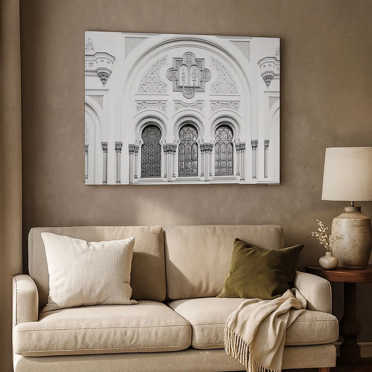 Tablou pe pânză Canvas - Detalii arhitecturale ale fațadei în stil monocromatic - 70x50cm - La granița dintre culturi - Decorațiune modernă pentru perete pentru living și dormitor ARTTOR