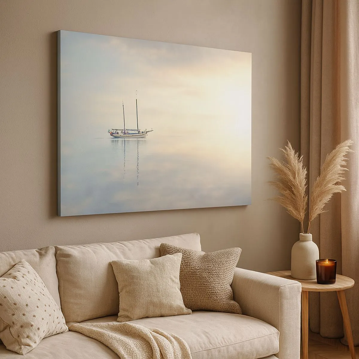 Impression sur toile - Image sur toile - Un bateau sur une mer calme dans une douce lumière - 120x80cm - Dans une mer de silence - Décoration murale moderne pour le salon et la chambre ARTTOR