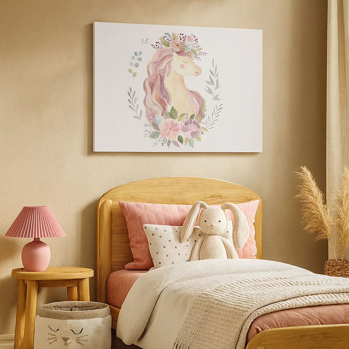Vászonkép - Pasztellszínű unikornis virágokkal körülvéve - 70x50cm - Meghívás a tündérmesék világába - Modern fali dekoráció nappalihoz és hálószobához ARTTOR