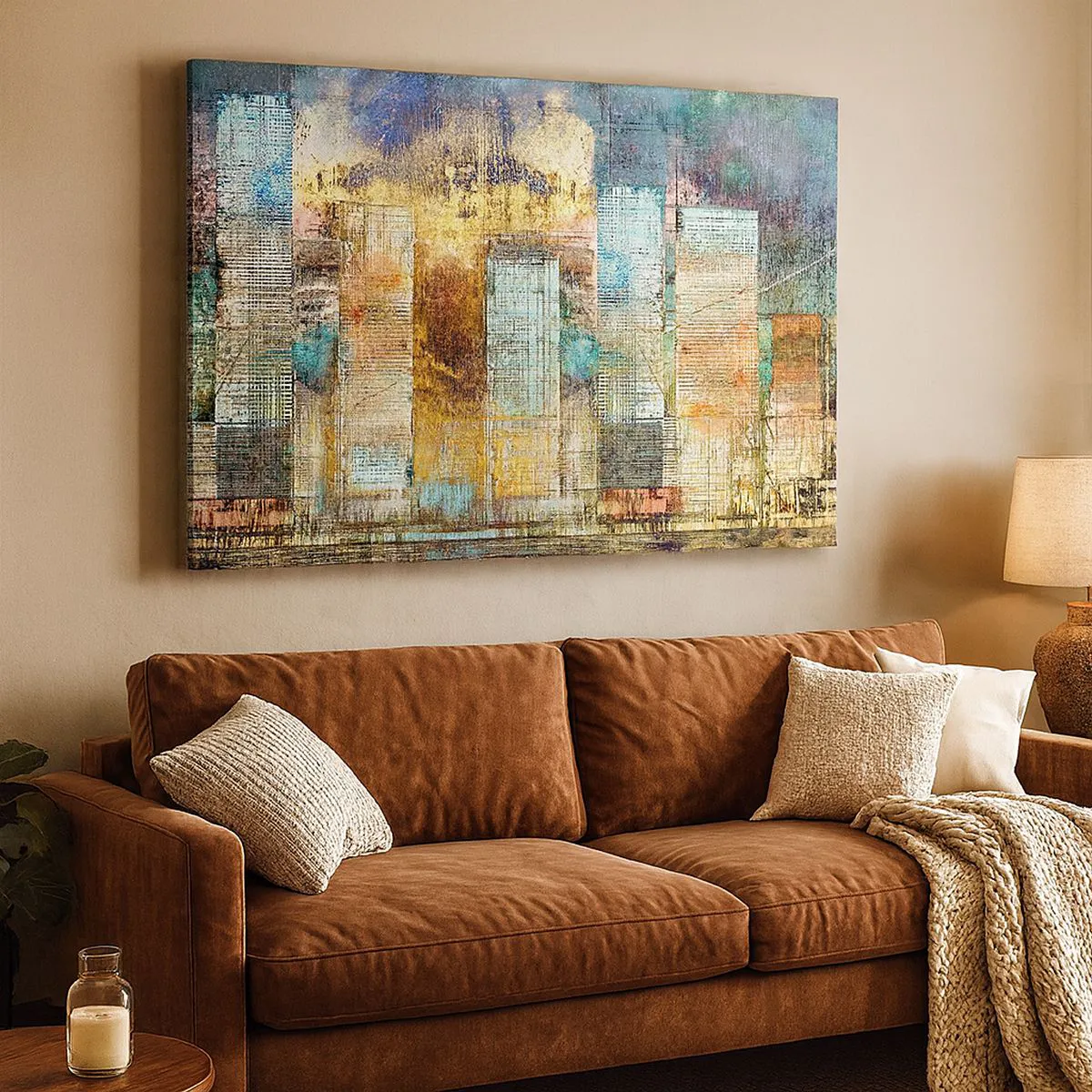 Obraz na płótnie - Abstrakcyjne wieżowce w industrialnej stylistyce - 70x50cm - Słoneczna metropolia - Nowoczesna dekoracja ścienna do salonu i sypialni ARTTOR