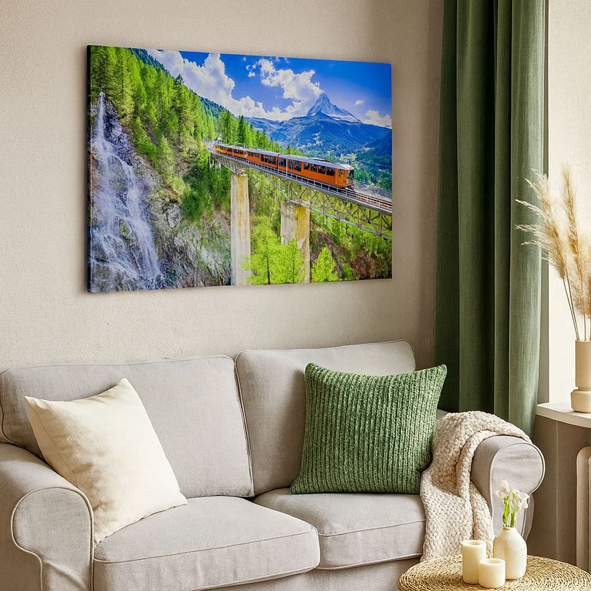 Quadro em tela - Uma montanha-russa em uma ponte com vista para uma cachoeira e montanhas - 70x50cm - Hora dos Alpes - Decoração de parede moderna para a sala de estar e quarto ARTTOR