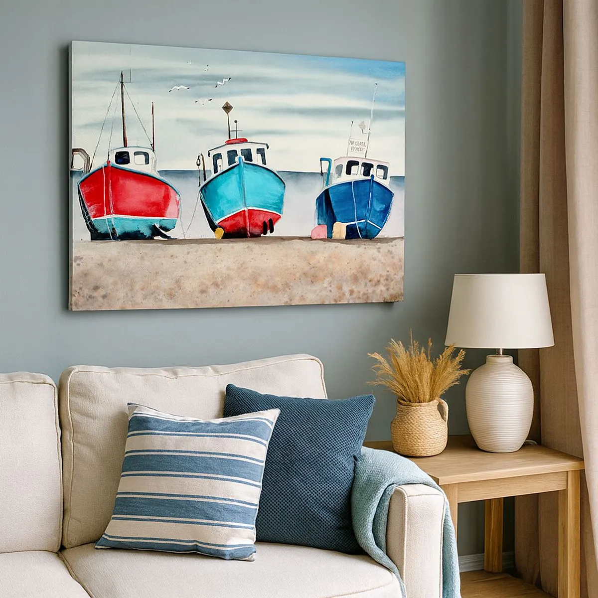 Bild auf Leinwand - Leinwandbild - Bunte Fischerboote am Ufer in einer Meereslandschaft - 70x50cm - Bereit zum Fang - Moderne Wanddekoration für Wohnzimmer und Schlafzimmer ARTTOR