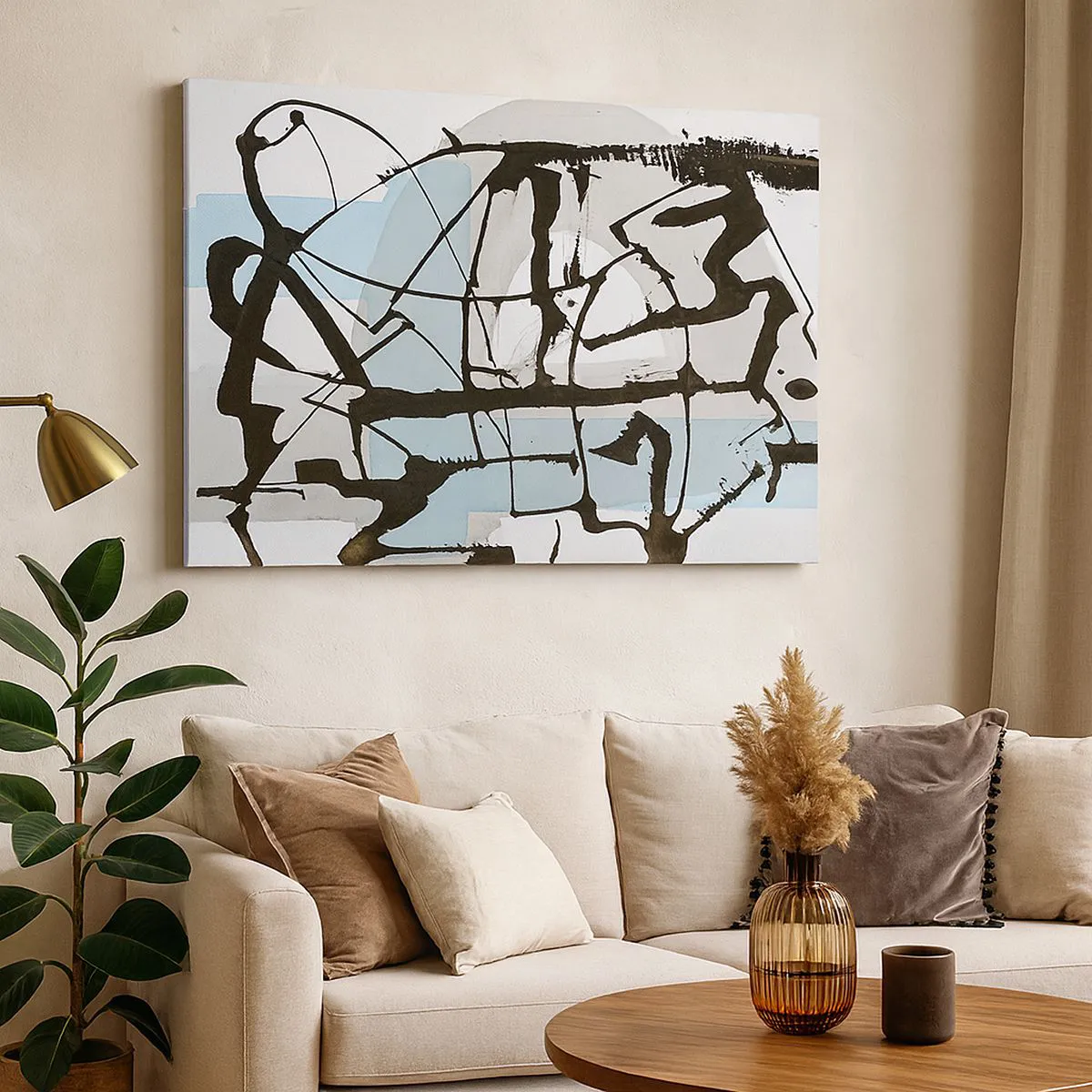 Impression sur toile - Image sur toile - Lignes et formes abstraites en bleu et noir - 70x50cm - Bleu malgré tout - Décoration murale moderne pour le salon et la chambre ARTTOR