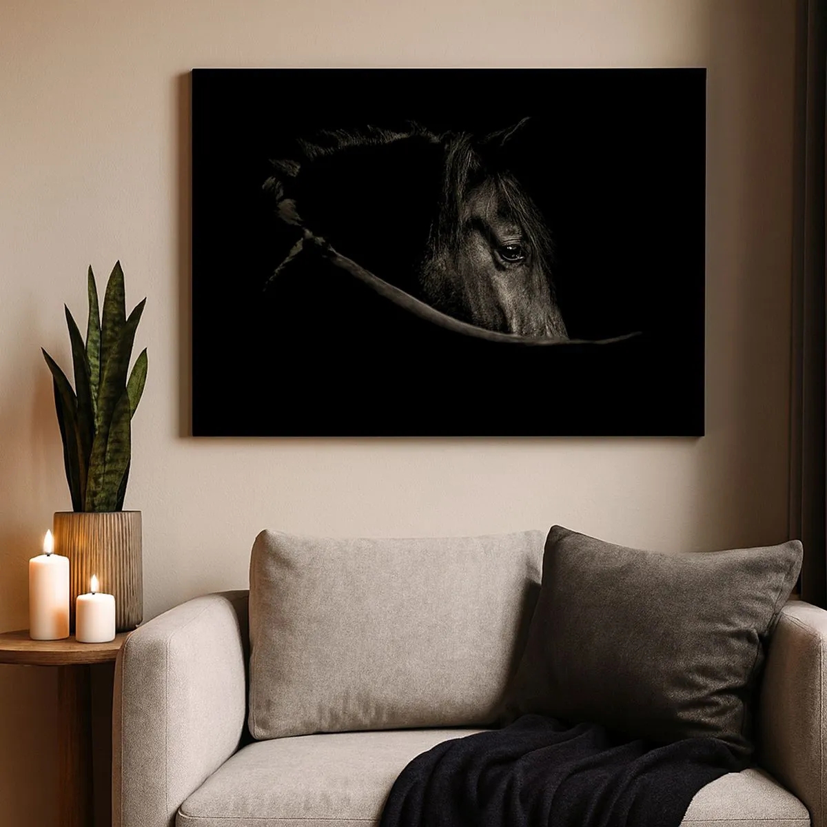 Tablou pe pânză Canvas - Un portret alb-negru al unui cal, cu un joc subtil de lumini și umbre pe un fundal întunecat. - 70x50cm - Prințul negru - Decorațiune modernă pentru perete pentru living și dormitor ARTTOR