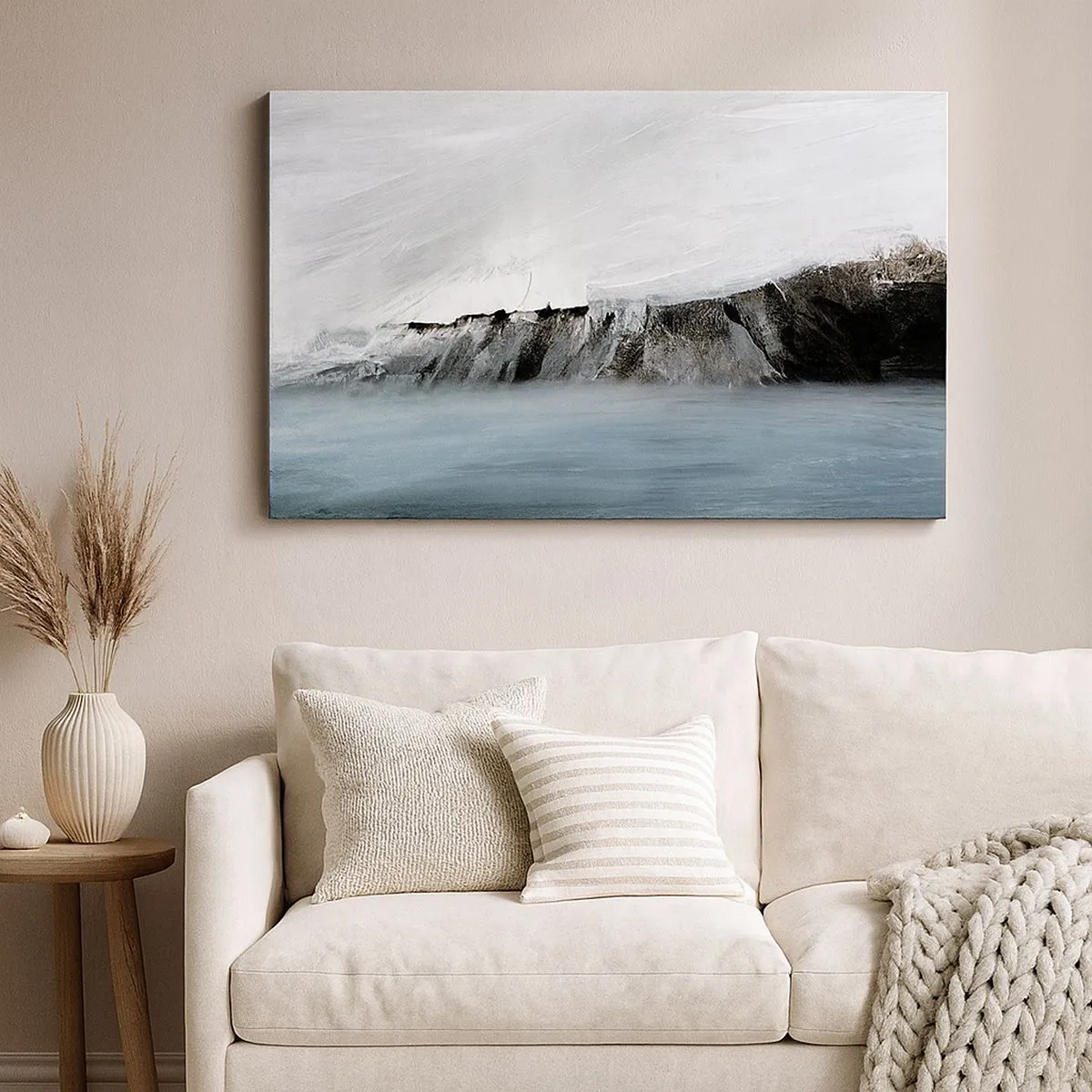 Lærredstryk - Billede på lærred - Abstrakt landskab med vand og en klippefyldt kyst - 70x50cm - Vand - jord: et sammenstød mellem elementerne - Moderne vægdekoration til stue og soveværelse ARTTOR