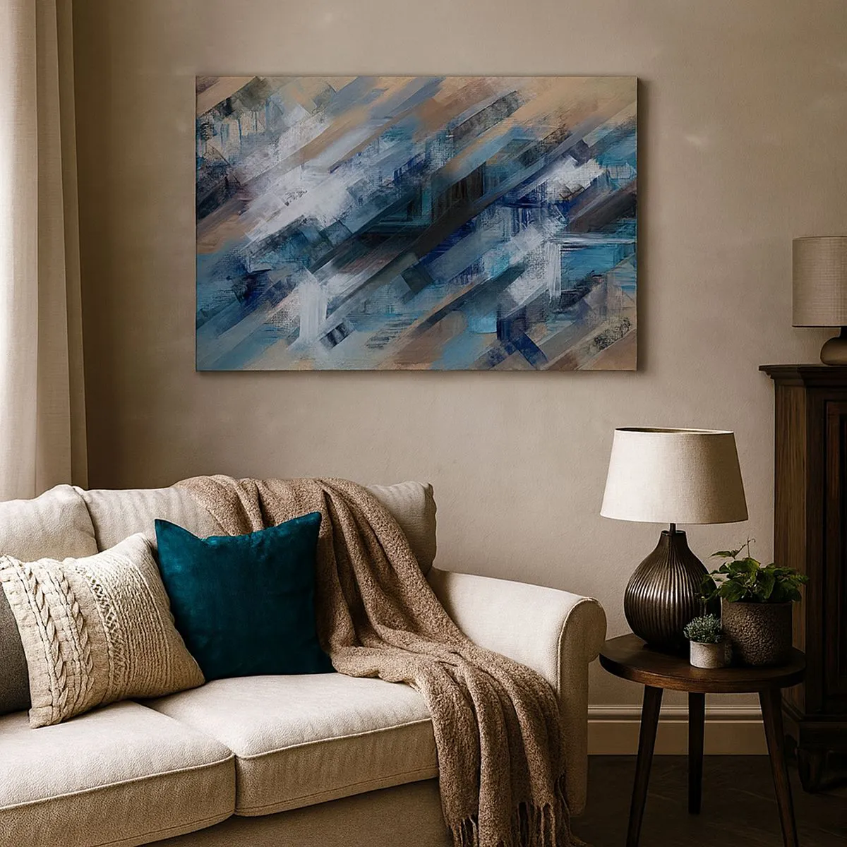 Obraz na płótnie - Abstrakcyjna kompozycja z błękitnymi ukośnymi liniami - 120x80cm - Po błękitnym skosie - Nowoczesna dekoracja ścienna do salonu, kuchni i sypialni ARTTOR