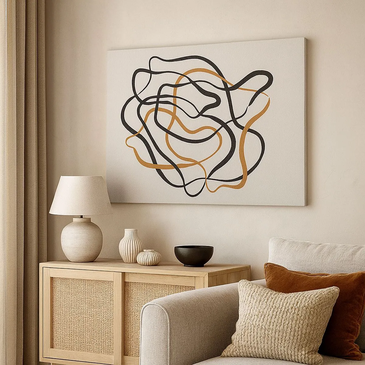 Schilderen op canvas - Verwarde lijnen in zwart en goud op een lichte achtergrond - 70x50cm - Alles ging mis - Moderne wanddecoratie voor woonkamer en slaapkamer ARTTOR