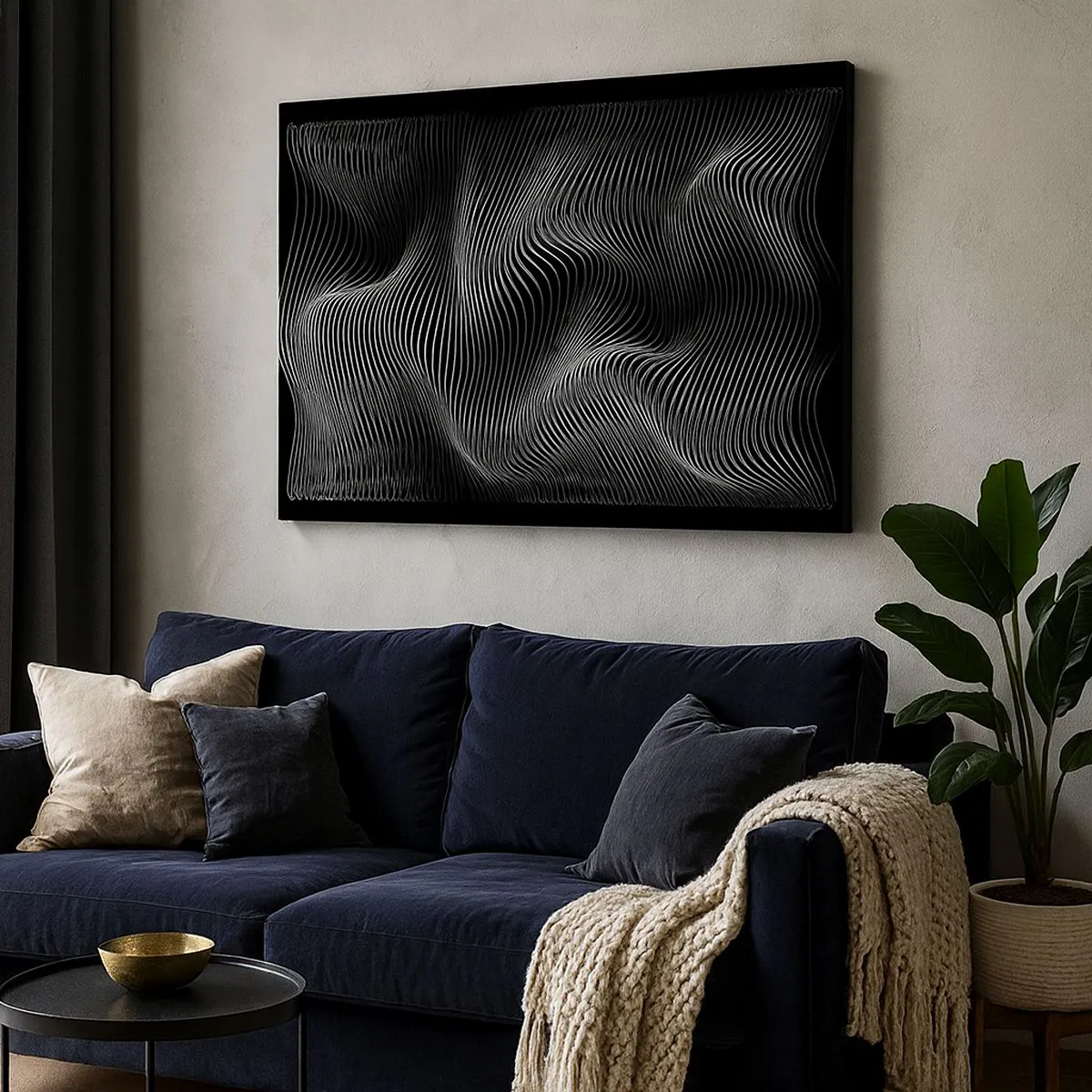 Cuadro sobre lienzo - Impresión de Imagen - Líneas blancas abstractas sobre un fondo negro - 70x50cm - La danza de la luz en el espacio - Decoración de pared moderna para salón y dormitorio ARTTOR