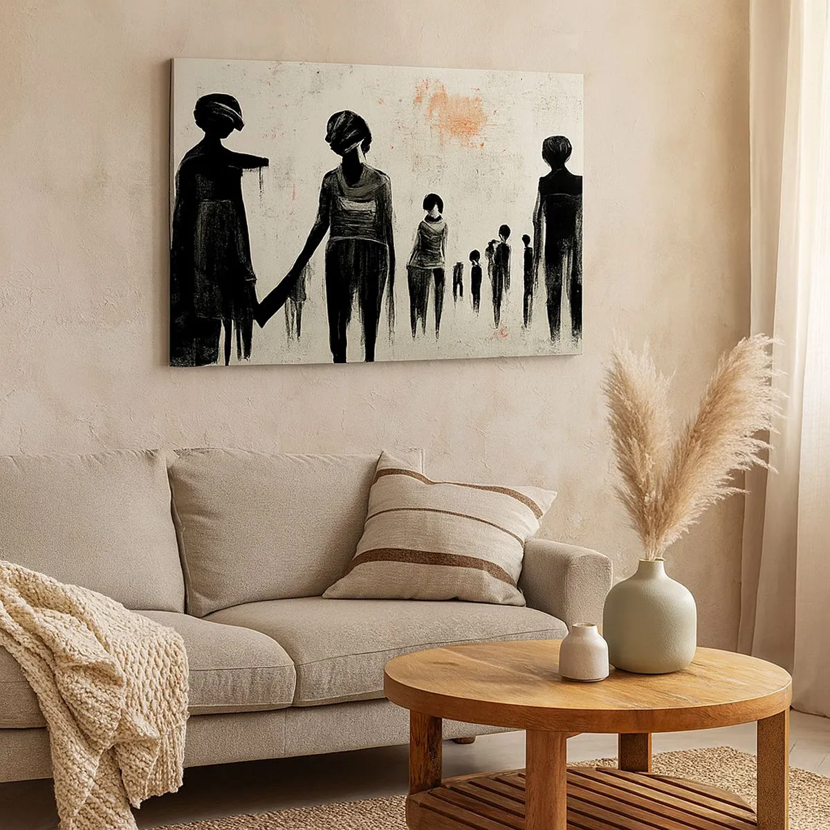 Vászonkép - Egyszínű kompozícióban lévő alakok világos háttér előtt - 70x50cm - A magány ellen - Modern fali dekoráció nappalihoz és hálószobához ARTTOR