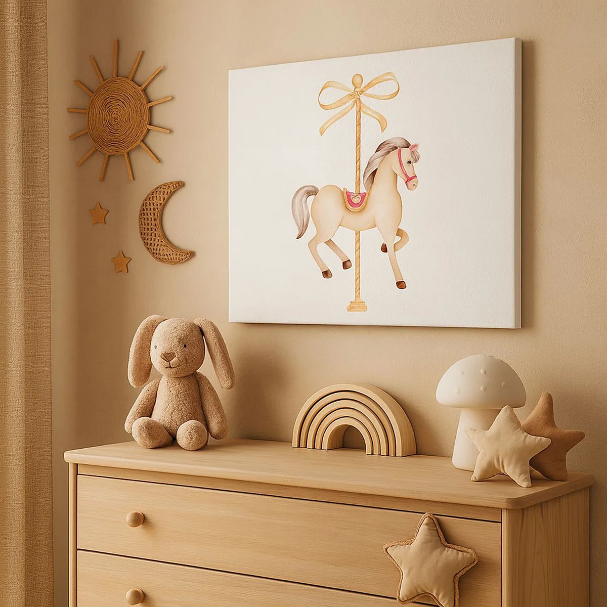 Bild auf Leinwand - Leinwandbild - Ein Karussellpferd mit Schleife in zarten Pastelltönen - 70x50cm - Anmutiger Trab - Moderne Wanddekoration für Wohnzimmer und Schlafzimmer ARTTOR