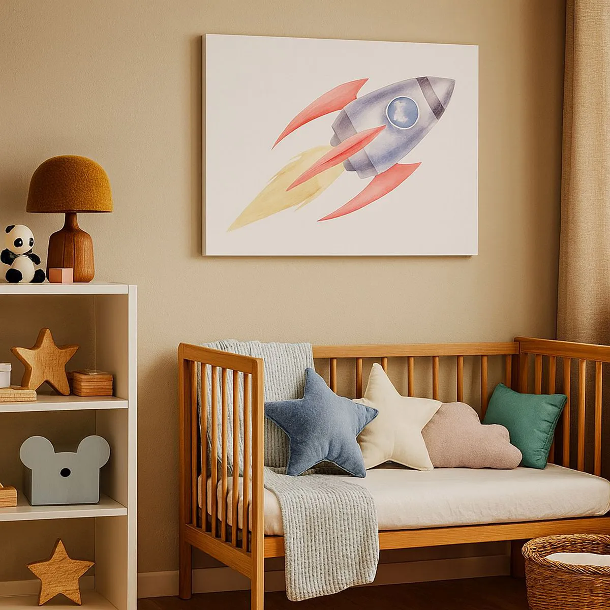 Quadro su tela - Stampe su Tela - Razzo in stile acquerello su sfondo bianco - 70x50cm - Più in alto, più veloce, più lontano - Decorazione murale moderna per soggiorno e camera da letto ARTTOR