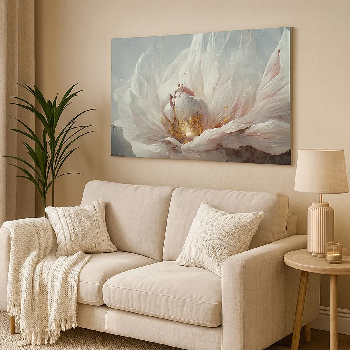 Lærredstryk - Billede på lærred - En delikat hvid blomst med diskrete gulddetaljer - 70x50cm - Blomstrer en gang om hundrede år - Moderne vægdekoration til stue og soveværelse ARTTOR